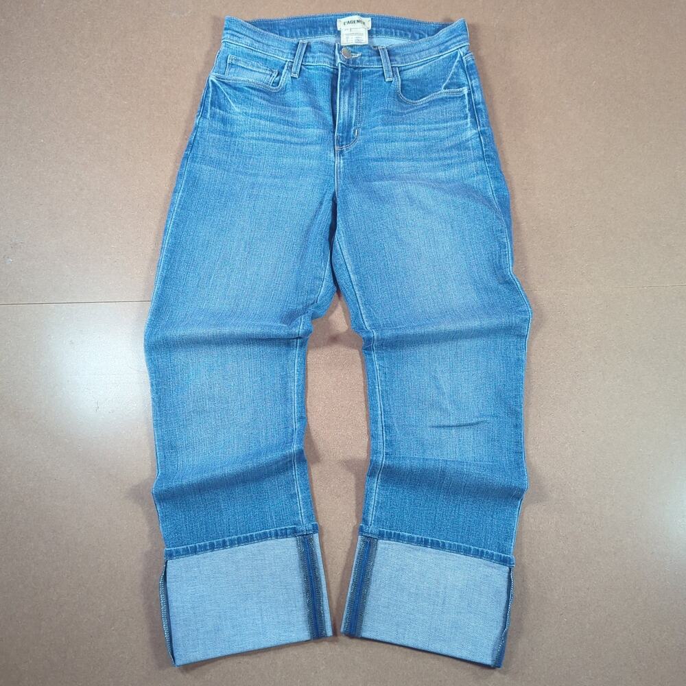 L'AGENCE High Rise Cuffed Baby Flare Jeans 25 Cropped Contrast Denim